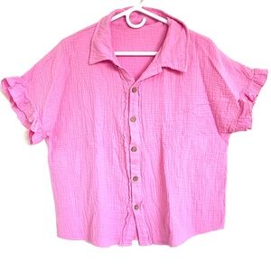 100% Cotton Gauze Pink Short-Sleeve Button Front Top nwot